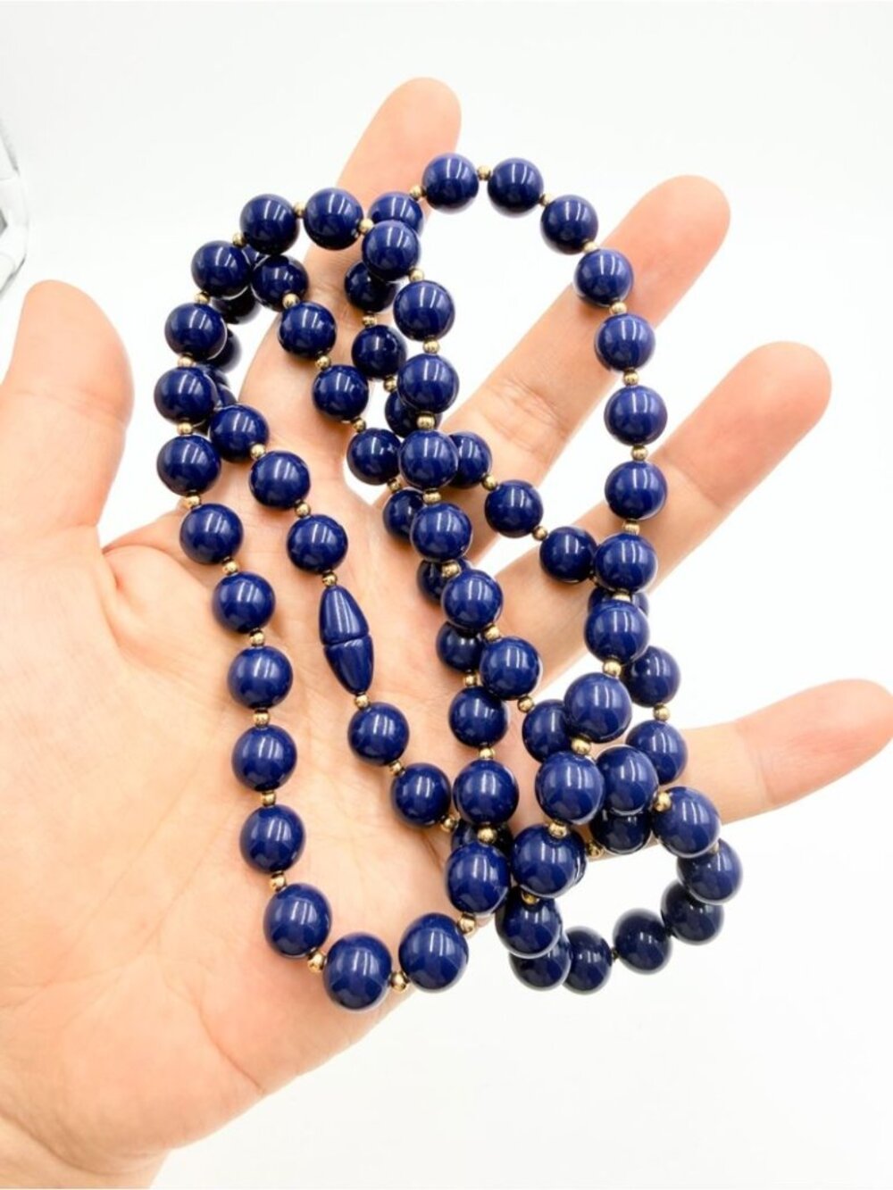 Vintage Navy Blue Resin Bead Opera Necklace Long Beaded Statement Necklace